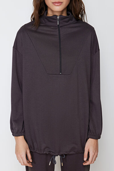 Trendyol Modest Anthrazitfarbenes Strick-Trainingsanzug-Set mit Stehkragen und Reißverschluss - geraffter Saum TCTAW22EN0051