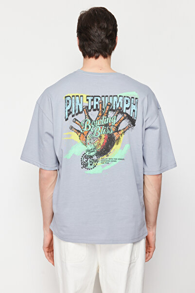 Trendyol Collection Gray Bowling Back Printed Oversize Cotton T-Shirt - Tmnss24Ts00065