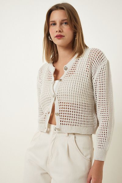 Happiness İstanbul Cremefarbene, glitzernde, geschwungene, kurze Strickjacke für Damen, Saison-MW00145