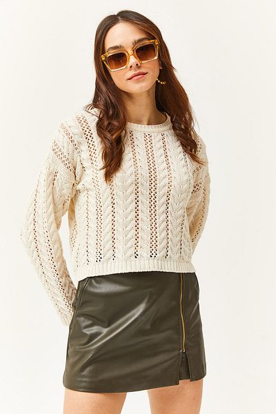 Olalook Women's Ecru Stripe Ornamental Seasonal Knit Blouse BLZ-19002476