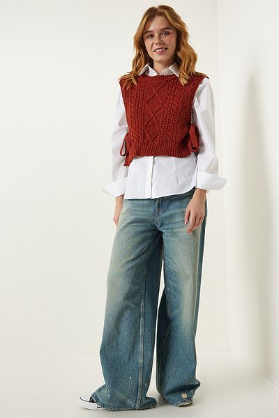 Happiness İstanbul Kurzer Strickanzug zum Binden mit Kachelmotiv für Damen MW00131