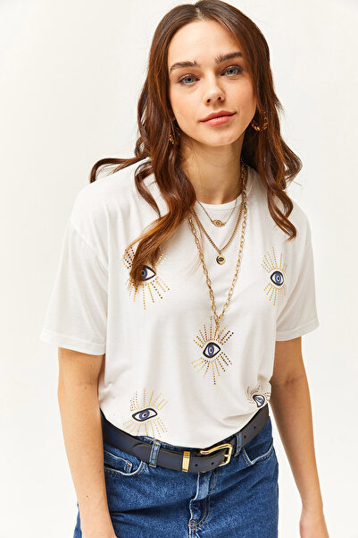 Olalook Γυναικείο μπλουζάκι εκρού με στάμπα με φύλλα με λεπτομέρειες TSH-19000770