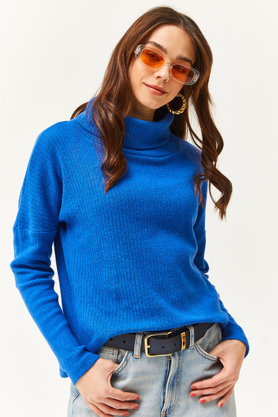 Olalook Női szaxofon kék Degaje gallér megemelt bő blúz BLZ-19002480