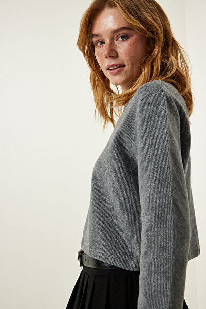 Happiness İstanbul Dámská šedá pletená halenka s jemnou texturou AH00158