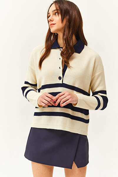 Olalook Жіночий темно-синій комір поло на ґудзиках смугастий светр пуловер KZK19000776