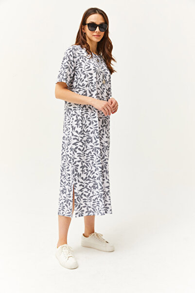 Olalook Women's Black Leaf Side Slit Oversize Dress ELB-19001880