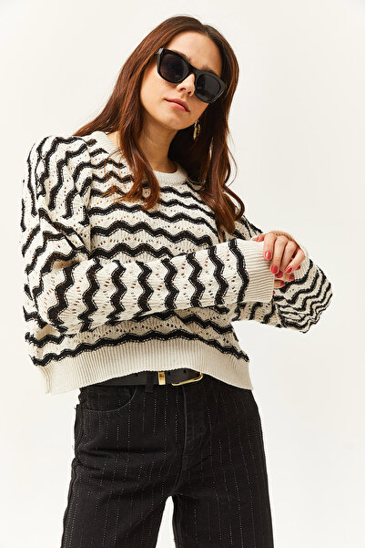 Olalook Women's Ecru Black Wave Striped Openwork Seasonal Knitwear Blouse BLZ-19002477