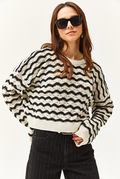 Olalook Women's Ecru Black Wave Striped Openwork Seasonal Knitwear Blouse BLZ-19002477
