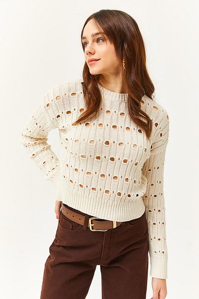 Olalook Women's Ecru Crew Neck Perforated Seasonal Knitwear Blouse BLZ-19002475