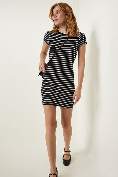 Happiness İstanbul Women's Black Striped Knitted Mini Dress UB00227