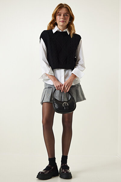 Happiness İstanbul Dámský semiš Crop Knit s černým motivem MW00131