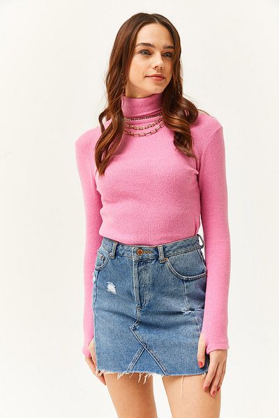 Olalook Női rózsaszín garbós ujjú lycra blúz BLZ-19001644