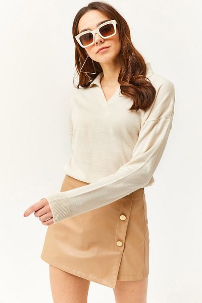 Olalook Women's Bone Polo Collar Thin Knit Sweater KZK-19000789