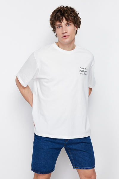 Trendyol Collection Bavlněné tričko Scenery Printed Ecru Oversize - Tmnss24Ts00124