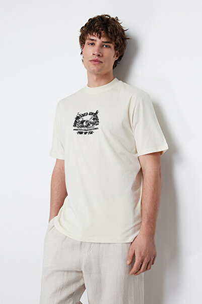 Trendyol Collection Fluffy Oversize Landscape Printed Cotton T-Shirt - Tmnss24Ts00013