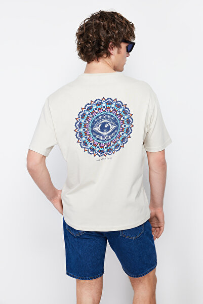 Trendyol Collection Beżowa szeroka bawełniana koszulka z nadrukiem z tyłu - Tmnss22Ts1632