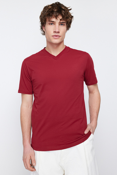 Trendyol Collection Βαμβακερό κοντομάνικο μπλουζάκι με λαιμόκοψη σε μπορντό λεπτή εφαρμογή - TMNSS19BO0002