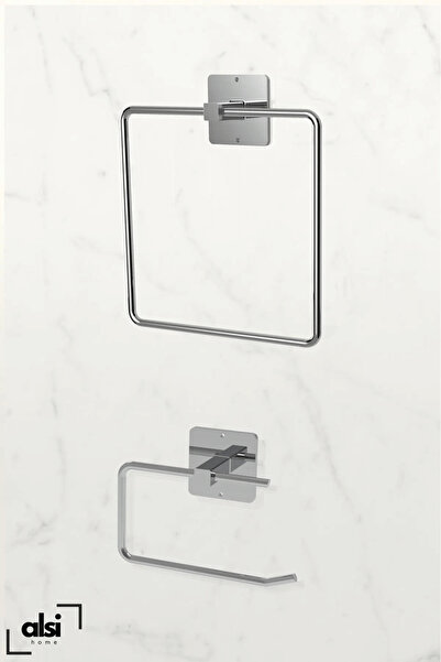 ALSİ HOME Yapışkanlı Gümüş Wc Kağıtlık ve Kare Havluluk Banyo Mutfak 2'li Set