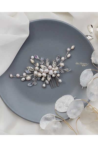 Elen Tasarım Natural Pearl Hair Accessory and Set EarringsBuckle Earring SetBridal Comb with Pearls