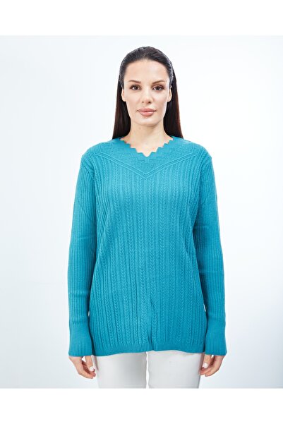 Elçelya Moda Tricot albastru pentru damă, cu decolteu în V, iarnă, pulover flexibil pentru mama