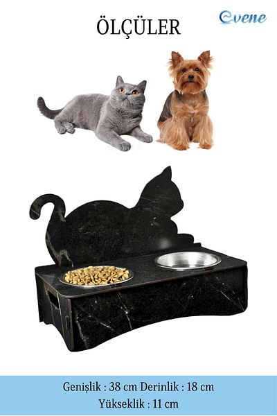 Evene Cat Food and Water Bowl - 2 Steel Bowl Model, 4 Black Marble Food Bowl