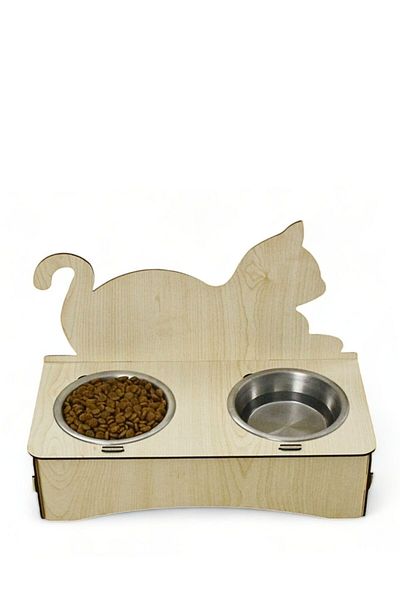 Evene Cat Food - 2 Steel Bowl Model, 4 Light Oak, Food Bowl