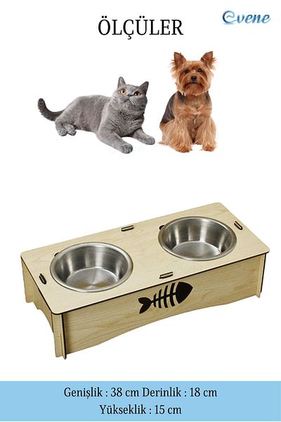 Evene Cat Food - 2 Steel Bowl Model 5 Light Oak Cat Water and Food Bowl