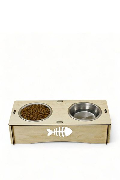 Evene Cat Food - 2 Steel Bowl Model 5 Light Oak Cat Water and Food Bowl