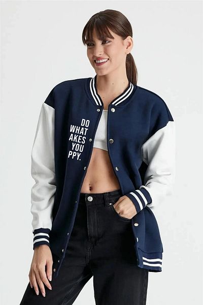 Machetta Unisex Do What Do You Happy Printed Navy Blue White με κουμπιά κολεγιακό μπουφάν