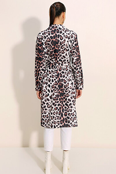 CoolLook Kruvaze Ceket Yaka Düğmeli Leopar Yan Cepli Kuşaklı Uzun Kol Astarsız Mevsimlik Diz Altı Trençkot