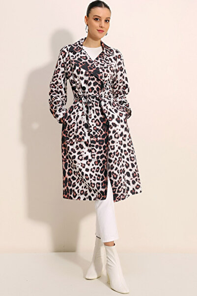 CoolLook Kruvaze Ceket Yaka Düğmeli Leopar Yan Cepli Kuşaklı Uzun Kol Astarsız Mevsimlik Diz Altı Trençkot