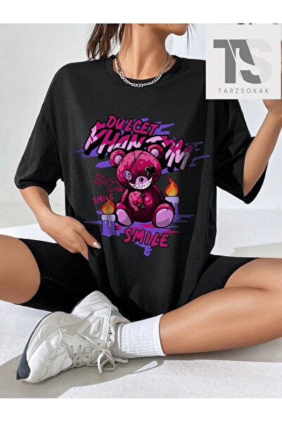 Tarzsokak Tricou cu imprimeu urs și litere și design cu umăr liber pentru femei