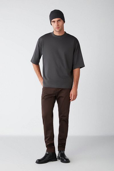 GRIMELANGE Ascolı Men's Oversize Fit Special Thick Textured Fabric High Collar Anthracite T-shirt