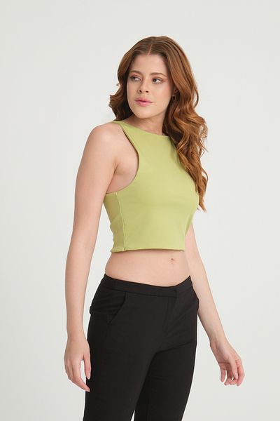 Quzu Crew Neck Strappy Crop Blouse Olive