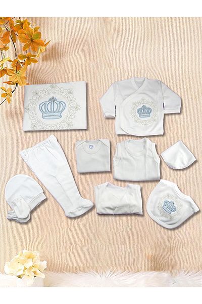 Kinder Baby Zıpır Baby Boy Organic Cotton Crown Model 10-Piece Hospital Discharge Set Blue 522