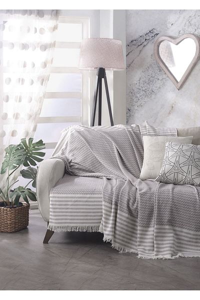 Lux Touch Olympos 180x200 cm Husa de canapea cu smocuri din bumbac trandafir uscat - Canapea Canapea Pat Duvan Fotoliu