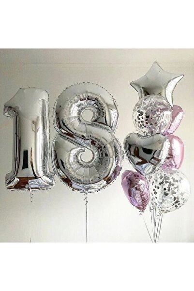 MERİ PARTİ 18 YAŞ GÜMÜŞ RENK FOLYO BALON KALP YILDIZ FOLYO BALON SET YETİŞKİN...