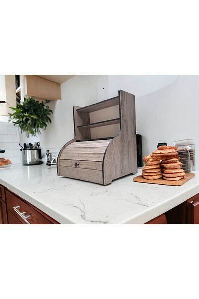 woodluck Bread Bowl with Wooden Shelf, Slider Cover, 2 Bread Bowl with Top Shelf