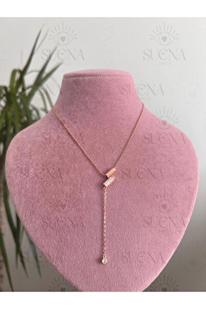 925 Ayar Gümüş Zirkon Tek Taş Sallantılı Rose Gold Renk Çubuk Kolye