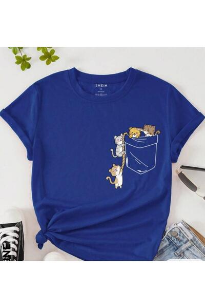 ORLONTEX تي شيرت نسائي كبير الحجم مطبوع عليه جيب قطة زرقاء من Saks