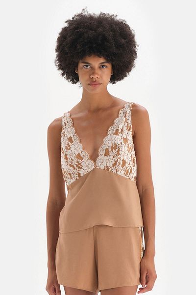 Dagi Braunes, gerüschtes, gewebtes Camisole mit Samtstreifen und detaillierten Details