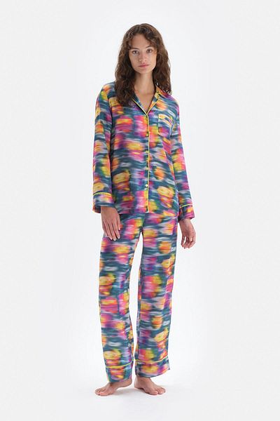Dagi Multicolor Shirt Collar Metering Printed Satin Pajama Set