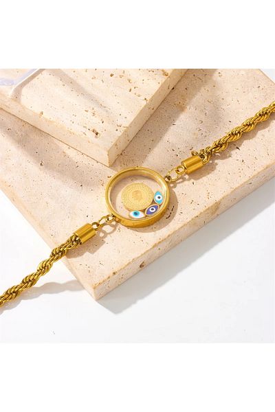 zeynep Z&D ACCESSORY 316L Gold Evil Eye Beaded Bell Jar Model Ancestor Lira Steel Twist Chain Bracelet