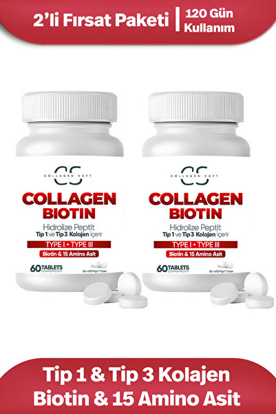 Collagen Soft 2'li Fırsat Hidrolize Tip 1, Tip 3 Kolajen Peptitler, Biotin Ve...