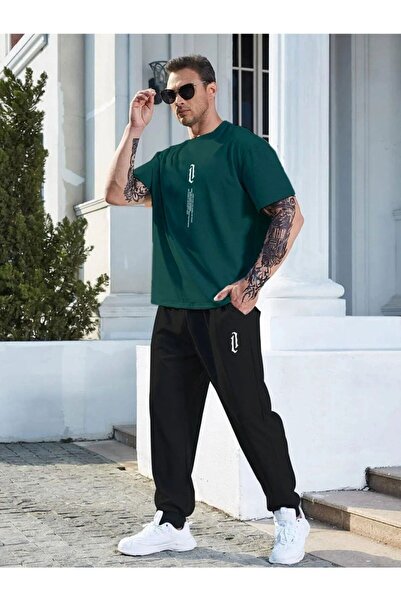 aynewmoda Men's Green Vertical Printed Oversize Tracksuit Set