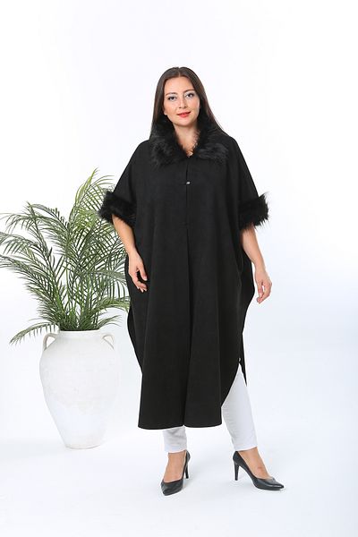 RİZZ WOMEN'S LARGE SIZE BLACK SUEDE PONCHO