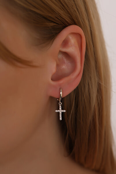 Lia Berto Zirkon Taşlı Haç 925 Ayar Gümüş Küpe