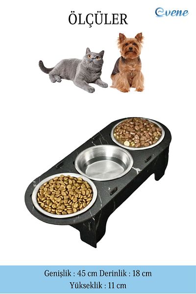 Evene 3 Steel Bowls Model 1 - Cat Food, Water and Food Bowl, Black Marble