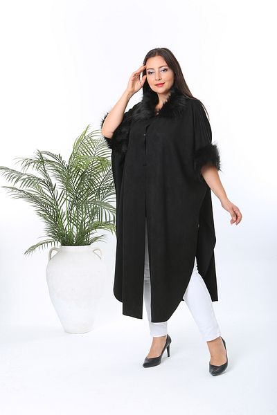 RİZZ WOMEN'S LARGE SIZE BLACK SUEDE PONCHO