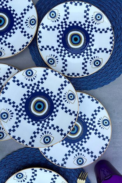 porselenden Evil Eye Beaded Gold Gilded 25 Cm Porcelain Modern Blue Serving Plate Set for 6 Persons